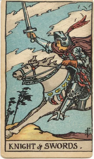 Carta Caballero de Espadas del tarot Rider-Waite-Smith (1909), invertida
