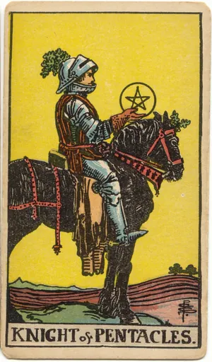 Carta Caballero de Oros del tarot Rider-Waite-Smith (1909)