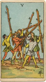 Carta Cinco de Bastos del tarot Rider-Waite-Smith (1909)