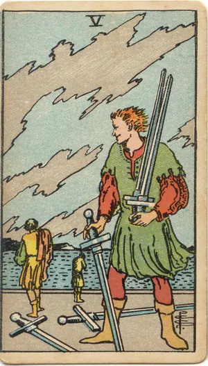 Carta Cinco de Espadas del tarot Rider-Waite-Smith (1909)