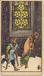 Carta Cinco de Oros del tarot Rider-Waite-Smith (1909)