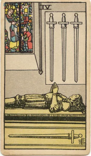 Carta Cuatro de Espadas del tarot Rider-Waite-Smith (1909)