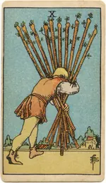Carta Diez de Bastos del tarot Rider-Waite-Smith (1909)