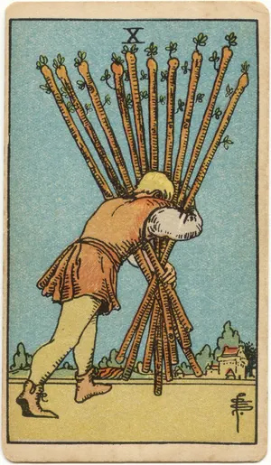 Carta Diez de Bastos del tarot Rider-Waite-Smith (1909), invertida