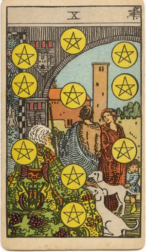 Carta Diez de Oros del tarot Rider-Waite-Smith (1909), invertida
