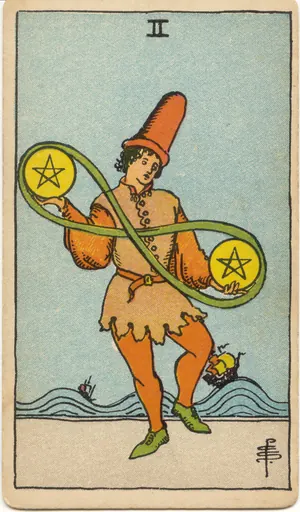Carta Dos de Oros del tarot Rider-Waite-Smith (1909)
