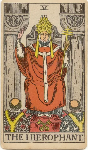 Carta El Hierofante del tarot Rider-Waite-Smith (1909), invertida