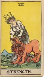 Carta La Fuerza del tarot Rider-Waite-Smith (1909)