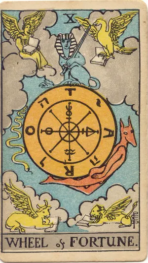 Carta La Rueda de la Fortuna del tarot Rider-Waite-Smith (1909), invertida