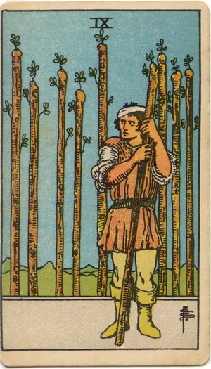 Carta Nueve de Bastos del tarot Rider-Waite-Smith (1909)