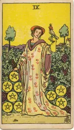 Carta Nueve de Oros del tarot Rider-Waite-Smith (1909)