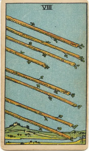 Carta Ocho de Bastos del tarot Rider-Waite-Smith (1909)