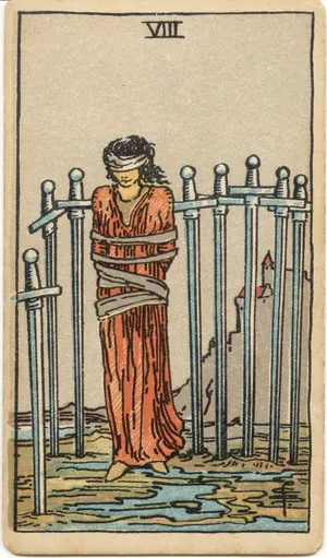 Carta Ocho de Espadas del tarot Rider-Waite-Smith (1909)