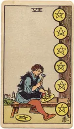 Carta Ocho de Oros del tarot Rider-Waite-Smith (1909)