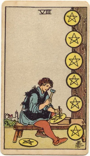 Carta Ocho de Oros del tarot Rider-Waite-Smith (1909), invertida
