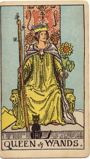 Carta Reina de Bastos del tarot Rider-Waite-Smith (1909), invertida