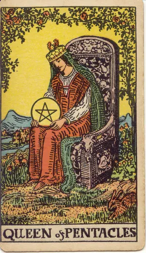 Carta Reina de Oros del tarot Rider-Waite-Smith (1909), invertida