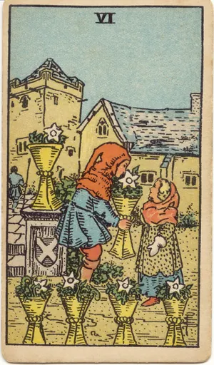 Carta Seis de Copas del tarot Rider-Waite-Smith (1909), invertida