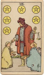 Carta Seis de Oros del tarot Rider-Waite-Smith (1909)