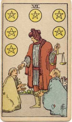 Carta Seis de Oros del tarot Rider-Waite-Smith (1909)