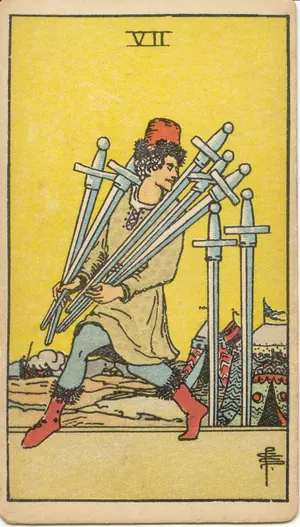 Carta Siete de Espadas del tarot Rider-Waite-Smith (1909)