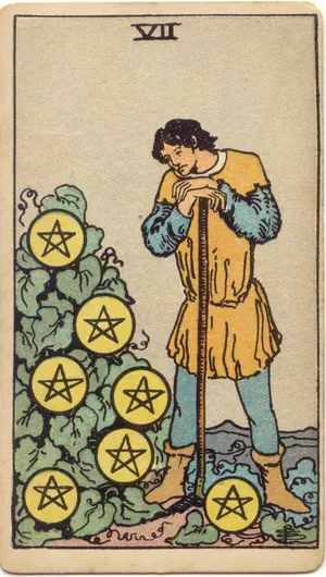 Carta Siete de Oros del tarot Rider-Waite-Smith (1909), invertida