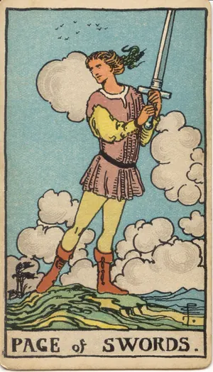 Carta Sota de Espadas del tarot Rider-Waite-Smith (1909), invertida