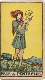 Carta Sota de Oros del tarot Rider-Waite-Smith (1909)