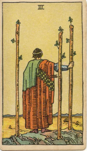 Carta Tres de Bastos del tarot Rider-Waite-Smith (1909)