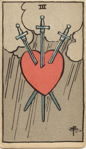 Carta Tres de Espadas del tarot Rider-Waite-Smith (1909)