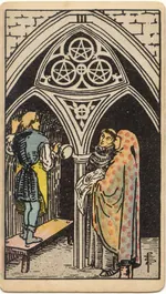 Carta Tres de Oros del tarot Rider-Waite-Smith (1909)